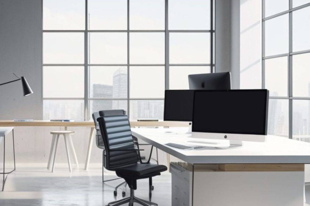 Modern office space with desktops with modern computers, created with Generative AI technology